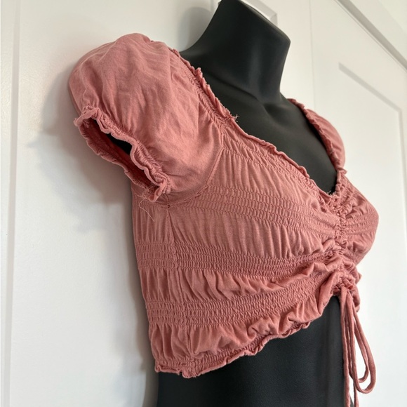 Garage Pink Crop Top with Puff Sleeve Tie Front Bow Girly Shirt Size XS - Picture 2 of 9